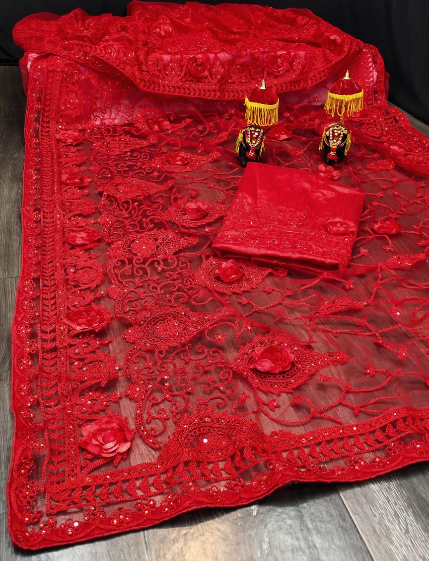 Party Wear Red Color Nylon Net Trendy Applique Stone Embroidered Ribbon Work Saree Blouse