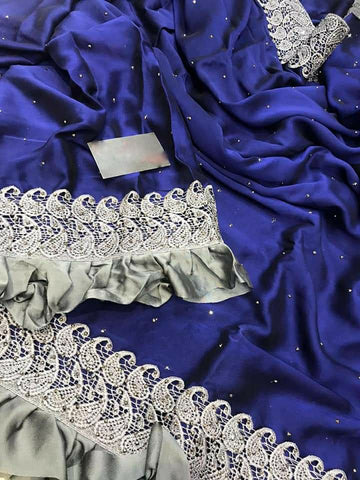 Accomplishment Blue Color Designer Ruffle Stone Work Two Tone Rangoli Soft Silk Saree Wedding Wear Saree Blouse