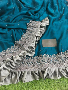 Classic Sky Blue Color Designer Ruffle Stone Work Two Tone Fancy Rangoli Silk Saree Blouse For Ladies