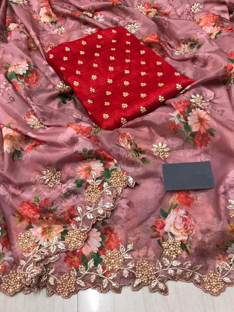 Absolute Pink Color Fancy Organza Digital Printed Embroidered Work Saree Blouse For Ladies
