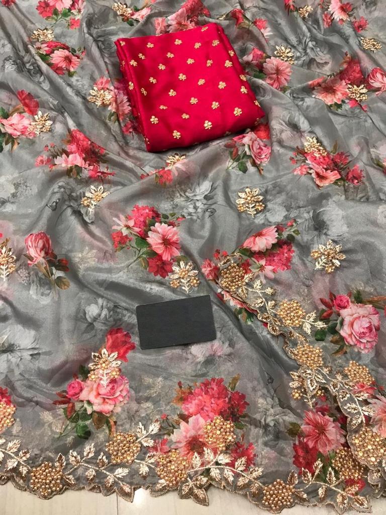 Adorable Grey Color Digital Printed Fancy Organza Function Wear Embroidered Work Saree Blouse