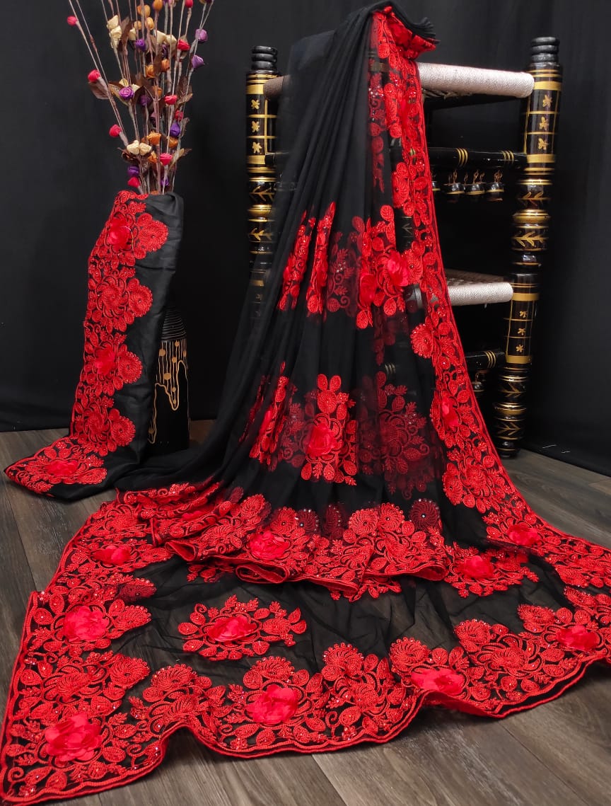 Dazzling Black Color Occasion Wear Net Nylon Design Stone Embroidered Applique Work Saree Blouse