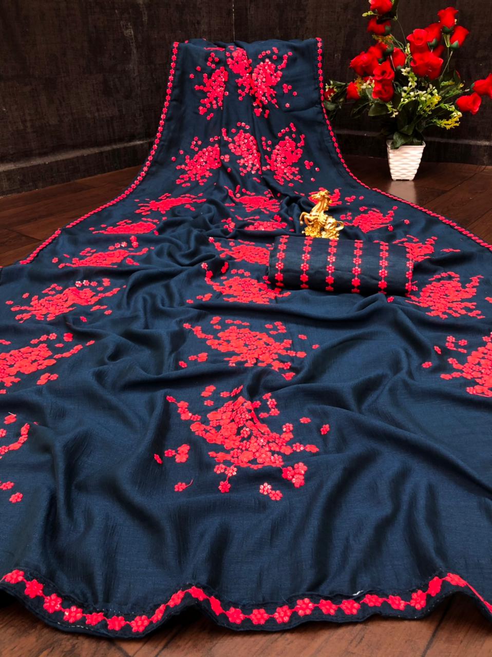 Entrancing Navy Blue Color Occasion Wear Vichitra Silk Designer Sequence Thread Work Saree Blouse For Ladies
