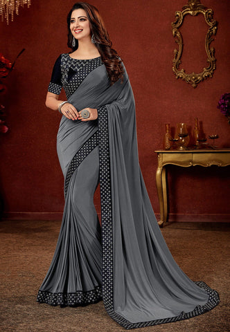 Fabulous Grey Color Embroidered Cross Stitched Velvet Border Work Rangoli Silk Festive Wear Saree Blouse Designer