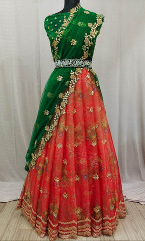 Unique Red Color Organza Festive Wear Digital Printed Embroidered Stone Cut Work Lehenga Choli For Ladies