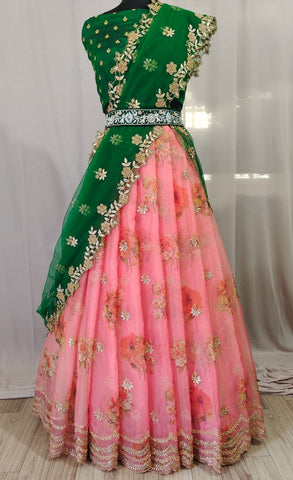 Prodigious Pink Color Gorgeous Organza Embroidered Stone Cut Work Party Wear Digital Printed Lehenga Choli