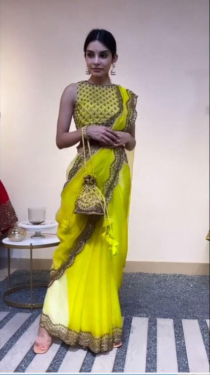 Festive Wear Green Color Lovable Organza Designer Sequence Embroidered Work Saree Blouse