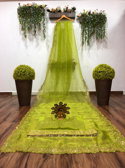 Festive Wear Green Color Lovable Organza Designer Sequence Embroidered Work Saree Blouse