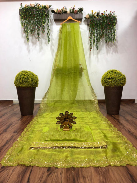 Festive Wear Green Color Lovable Organza Designer Sequence Embroidered Work Saree Blouse