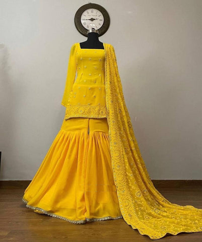 Festive Yellow Color Full Stitched Party Wear Designer Georgette Sequence Embroidered Work Sharara Salwar Kameez