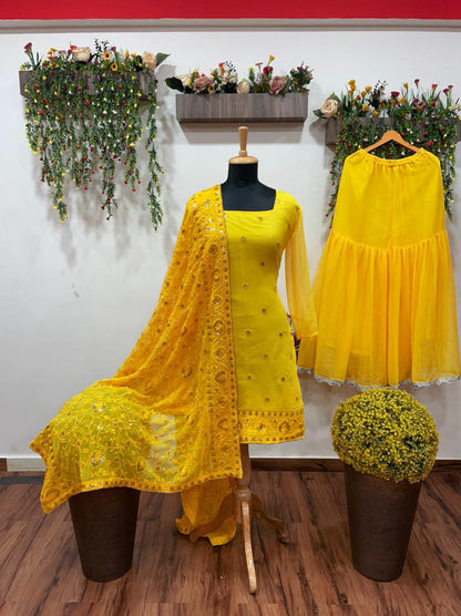 Festive Yellow Color Full Stitched Party Wear Designer Georgette Sequence Embroidered Work Sharara Salwar Kameez