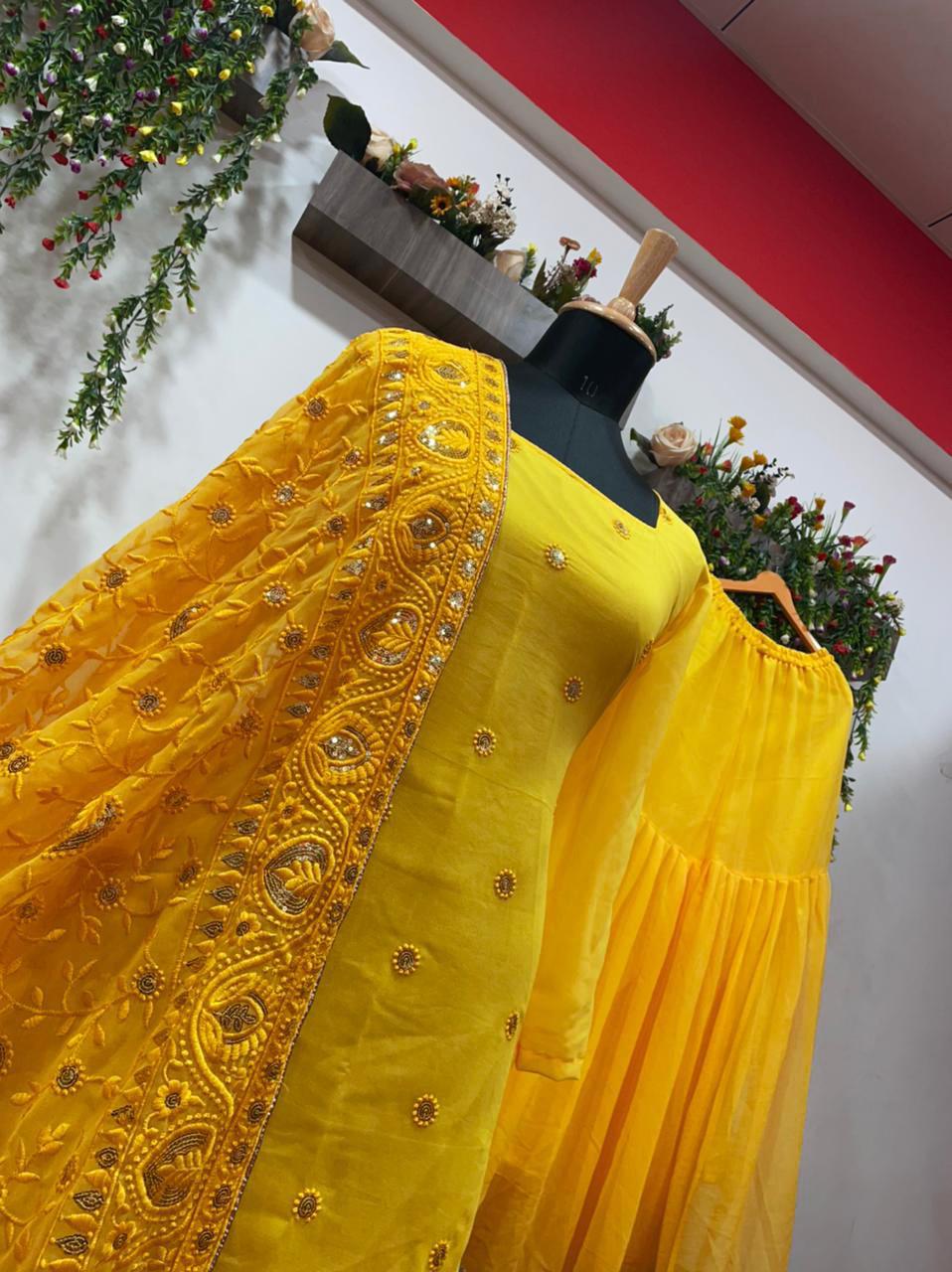 Festive Yellow Color Full Stitched Party Wear Designer Georgette Sequence Embroidered Work Sharara Salwar Kameez