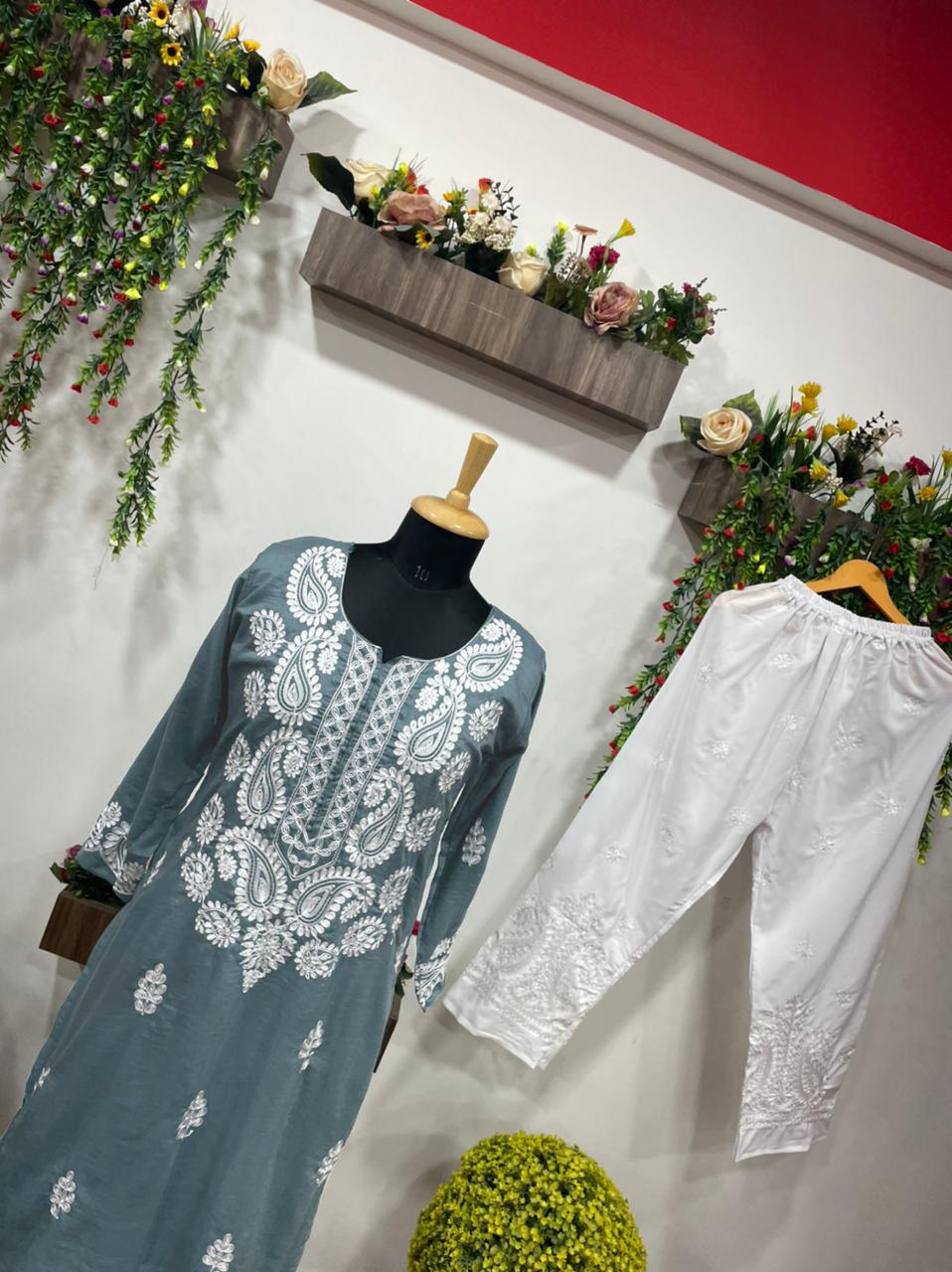 Blooming Grey Color Ready Made Party Wear Maslin Cotton Chikankari Pent Kurti For Women