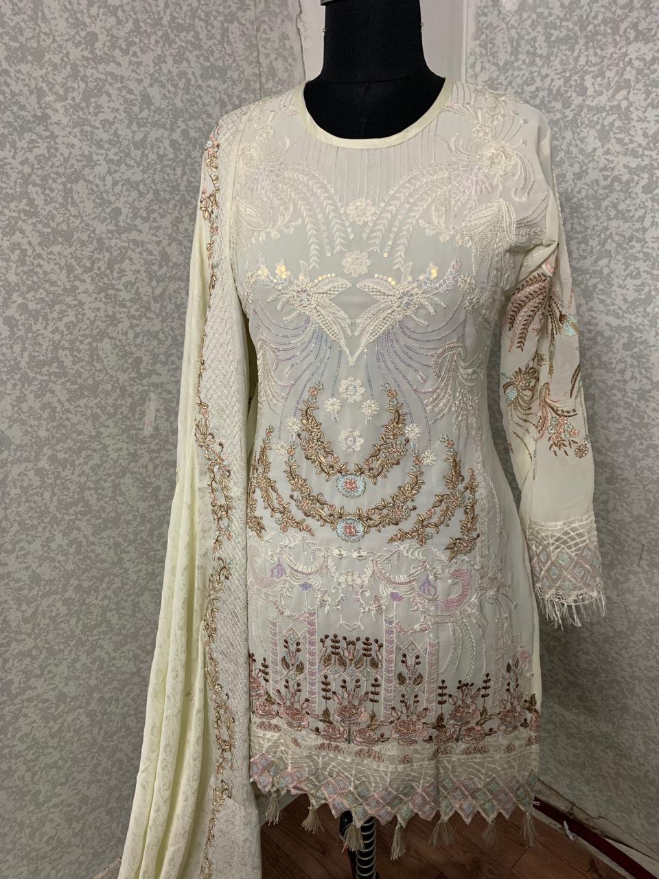 Radiant Off White Color Festive Wear Faux Georgette Fancy Embroidered Work Salwar Kameez