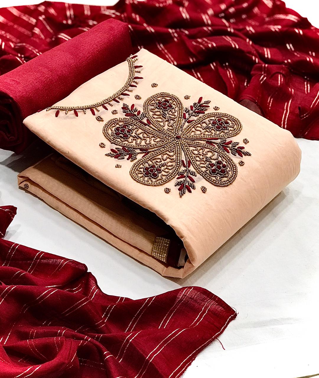 Captivation Peach Color Hand Work Fancy Chanderi SIlk Casual Wear Salwar Kameez