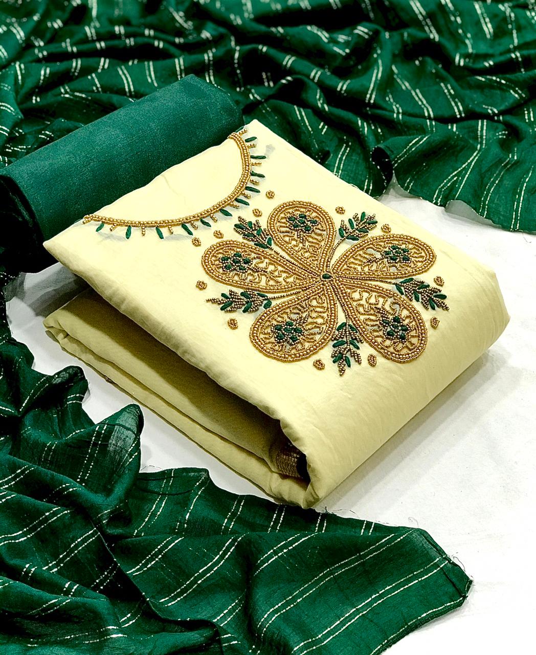 Flaunt Light Green Color Function Wear Chanderi Silk Hand Work Salwar Kameez For Women