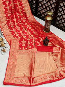 Tremendously Red Color Soft Lichi Silk All Over Jacquard Work Saree Blouse For Wedding Wear