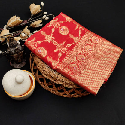 Tremendously Red Color Soft Lichi Silk All Over Jacquard Work Saree Blouse For Wedding Wear