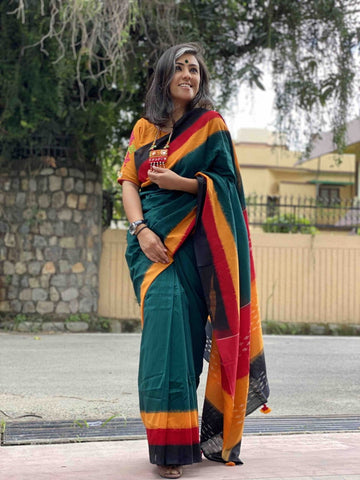 Thrilling Rama Color Beautiful Digital Printed Cotton Linen Design Golden Zari Border Saree Blouse For Function Wear