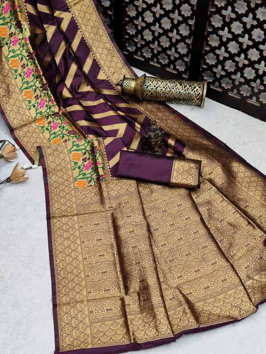 Extraordinary Wine Color Function Wear Lichi Soft Silk All Over Jacquard Work Design Saree Blouse