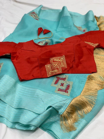 Gorgeous Sky Blue Color Indian Wear Silk Cotton Embroidered Work Satin Border Ready Made Blouse Saree For Women