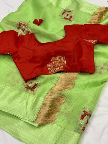 Party Wear Light Green Color Smashing Designer Cotton Silk Embroidered Work Fancy Satin Border Saree Blouse