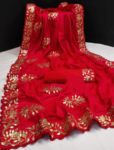 Ravishing Red Color Latest Dola Silk Multi Gotta Patti Work Saree For Wedding Wear