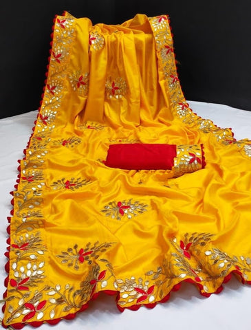 Smashing Yellow Color Special Dola Silk Gotta Patti Multi Work Saree Blouse For Party Wear