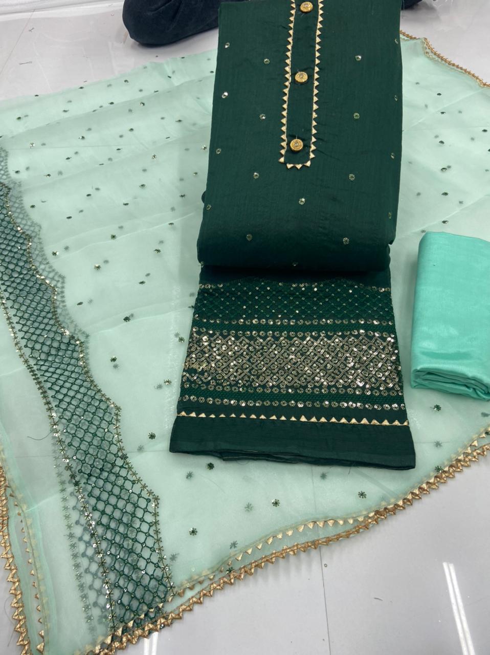 Entrancing Bottle Green Color Casual Wear Semi Modal Chanderi Designer Sequence Work Salwar Kameez