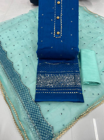 Striking Blue Color Sequence Work Fancy Semi Modal Chanderi Salwar Kameez For Festive Wear