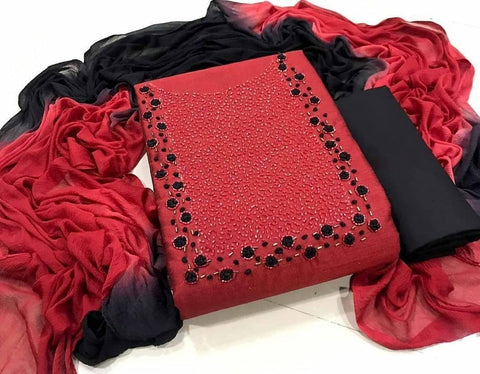 Energetic Red Color Designer Cotton Hand Work Salwar Kameez Design
