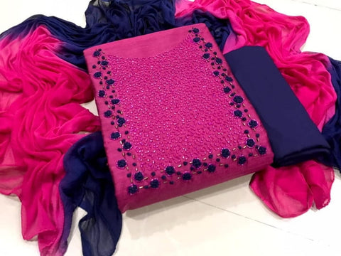 Sophisticated Rani Pink Color Cotton Hand Work Designer Salwar Kameez For Women