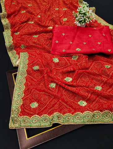 Refreshing Red Color Wedding Wear Designer Georgette Kundan Moti Work Saree Blouse