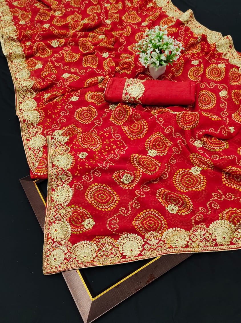 Party Wear Stupendous Red Color Bandhani Design Kundan Moti Work All Over Georgette Saree Blouse