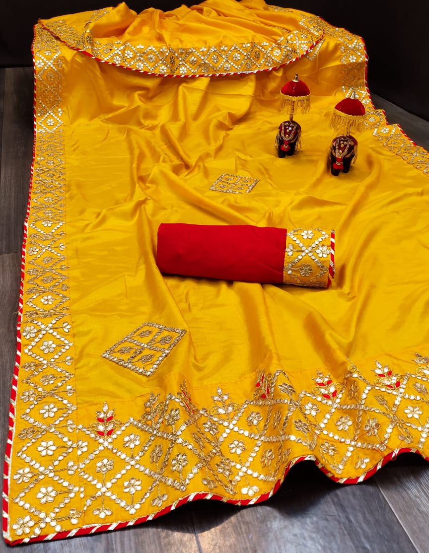 Brilliant Yellow Color Occasion Wear Gotta Patti Butta Work Dola Silk Design Saree Blouse