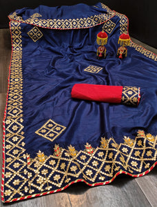 Bewildering Navy Blue Color Novelty Dola Silk Design Gotta Patti Butta Work Border Saree Blouse