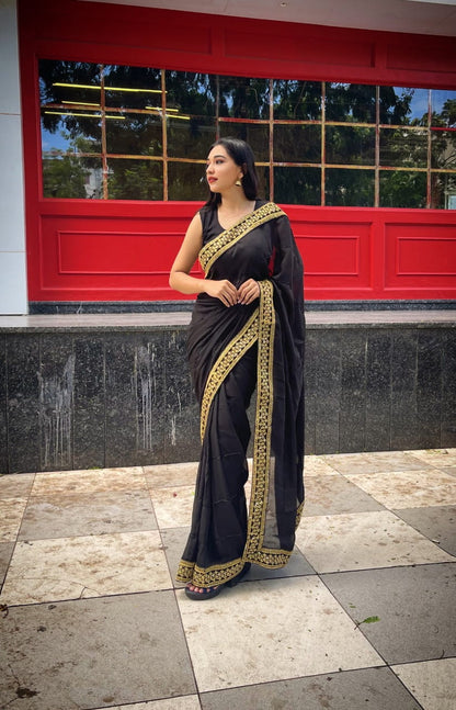 Function Black Color Silk Satin Georgette Zardosi Sequence Hand Designer Work Saree Blouse For Women