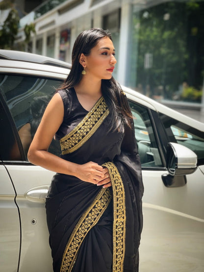 Function Black Color Silk Satin Georgette Zardosi Sequence Hand Designer Work Saree Blouse For Women
