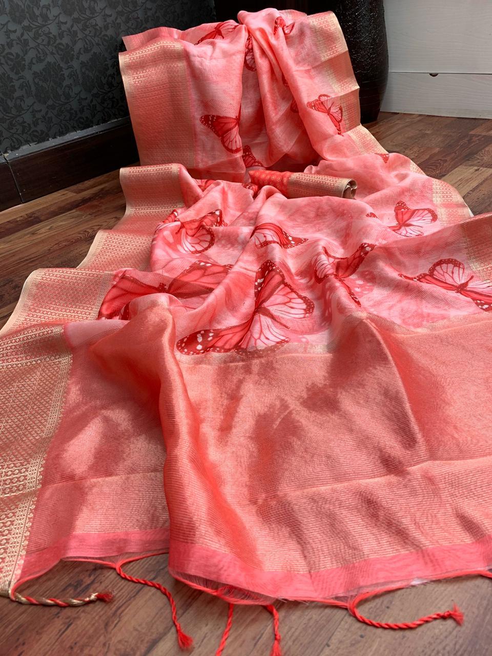 Graceful Pink Color Designer Linen Digital Printed Zari Weaving Jacquard Border Work Saree Blouse