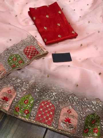 Delightful Peach Color Wedding Organza Silk Multi Thread Chikankari Work Saree Blouse