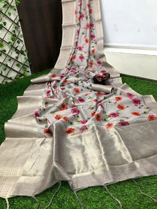 Dismaying Grey Color Wedding Wear Digital Printed Zari Weaving Jacquard Border Work Linen Saree Blouse