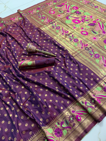 Dazzling Violet Color Function Wear Art Silk Kanchipuram Golden Zari Weaving Work Saree Blouse