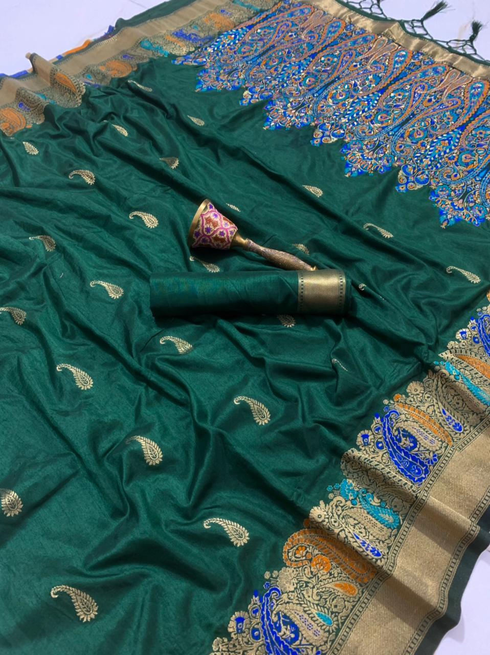 Glamorous Bottle Green Color Occasion Wear Weaving Zari Design Work Art Silk Saree Blouse For Women