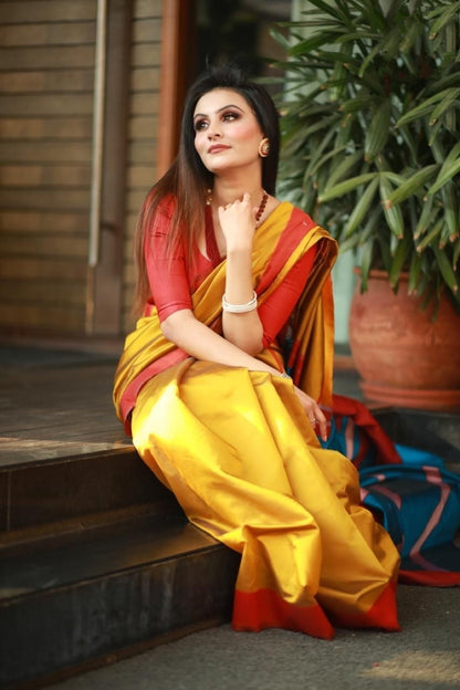 Blooming Yellow Color Kanchipuram Lichi Soft Silk Designer Silver Zari Weaving Wedding Wear Sari Blouse