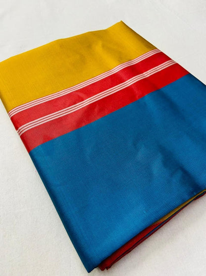 Blooming Yellow Color Kanchipuram Lichi Soft Silk Designer Silver Zari Weaving Wedding Wear Sari Blouse