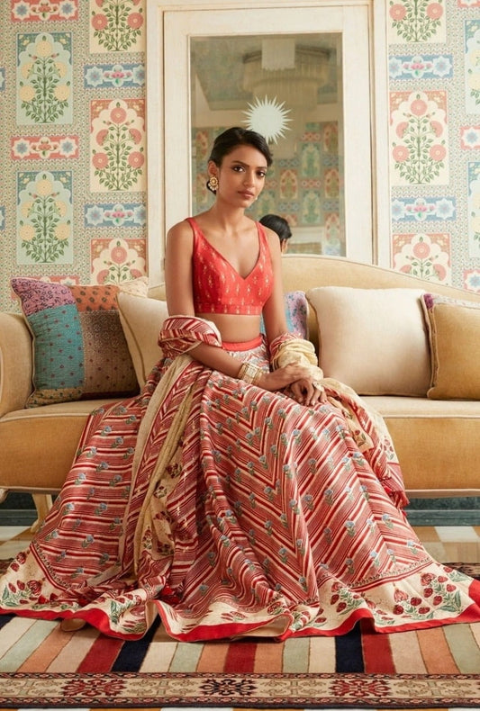 Party Wear Red Color Dashing Art Silk Fancy Printed Lehenga For Women