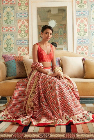 Party Wear Red Color Dashing Art Silk Fancy Printed Lehenga For Women