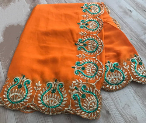 Function Orange Color Fancy Georgette Wedding Wear Embroidered Work Saree Designer Blouse