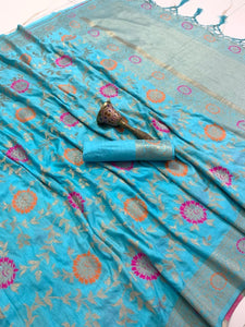 Pretty Sky Blue Color Occasion Wear Art Silk Designer Weaving Zari Work Saree Blouse