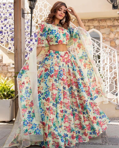 Delightful Multi Color Designer Art Silk Flower Printed Design Lehenga Choli For Ladies